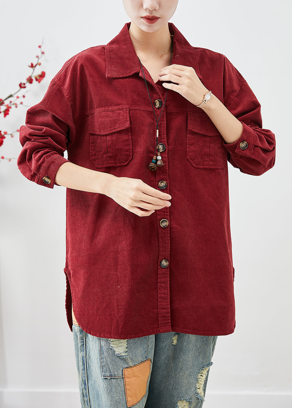 WW | Red Corduroy Oversized Shirt Jackets Button Closure