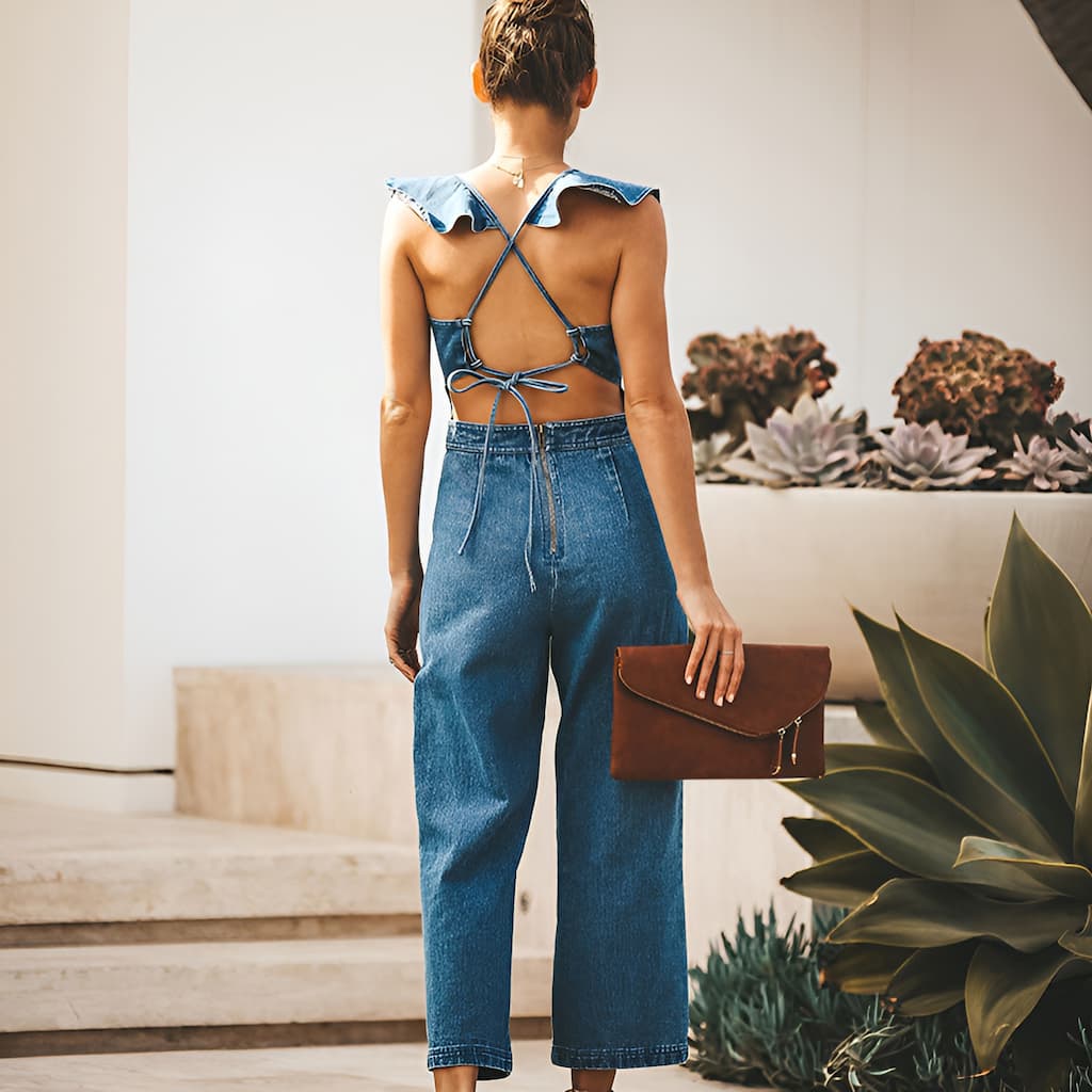 DenimDynasty™ - Open-Back Denim Jumpsuit