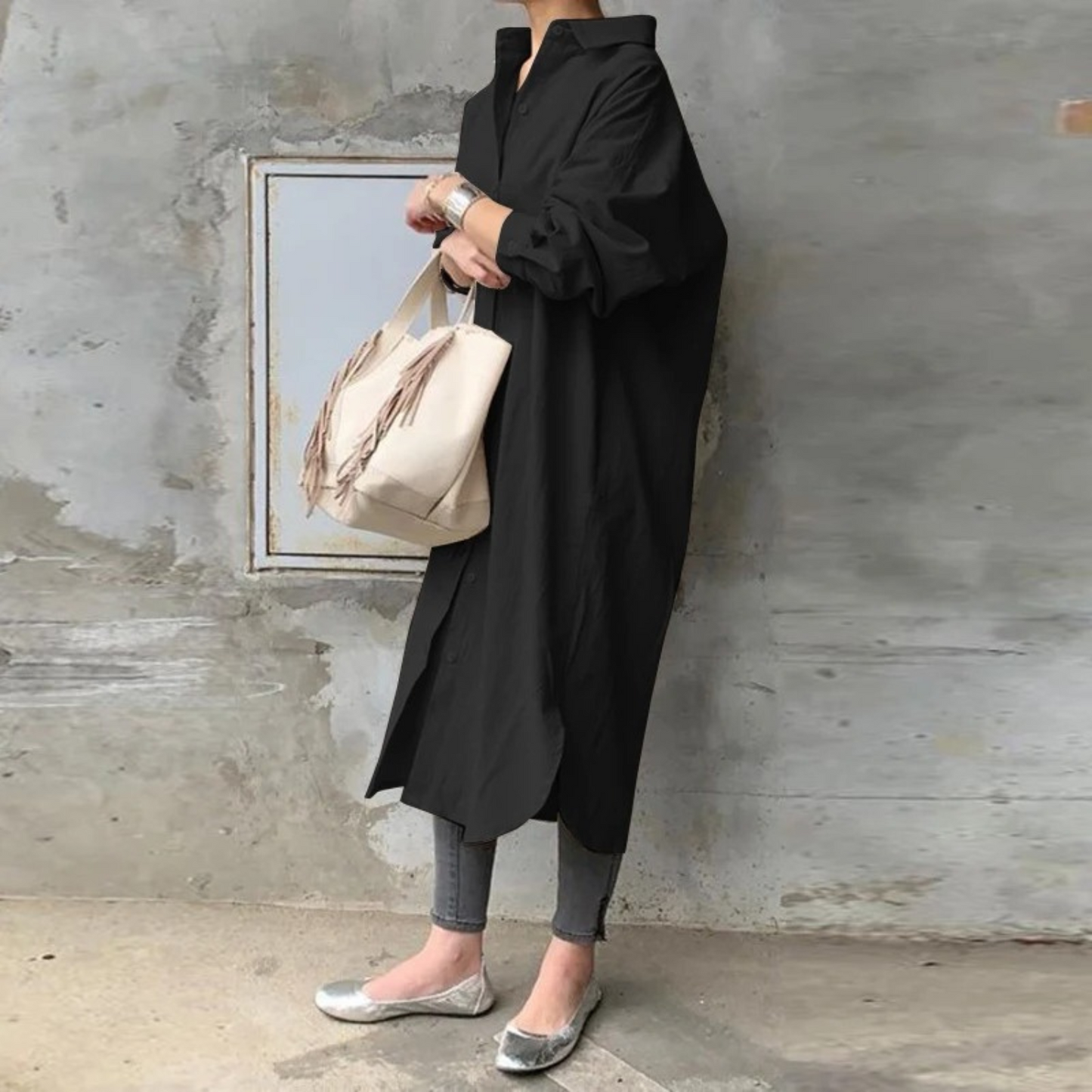 WW | Einfarbiges Langes Blusenkleid Mit Kragen