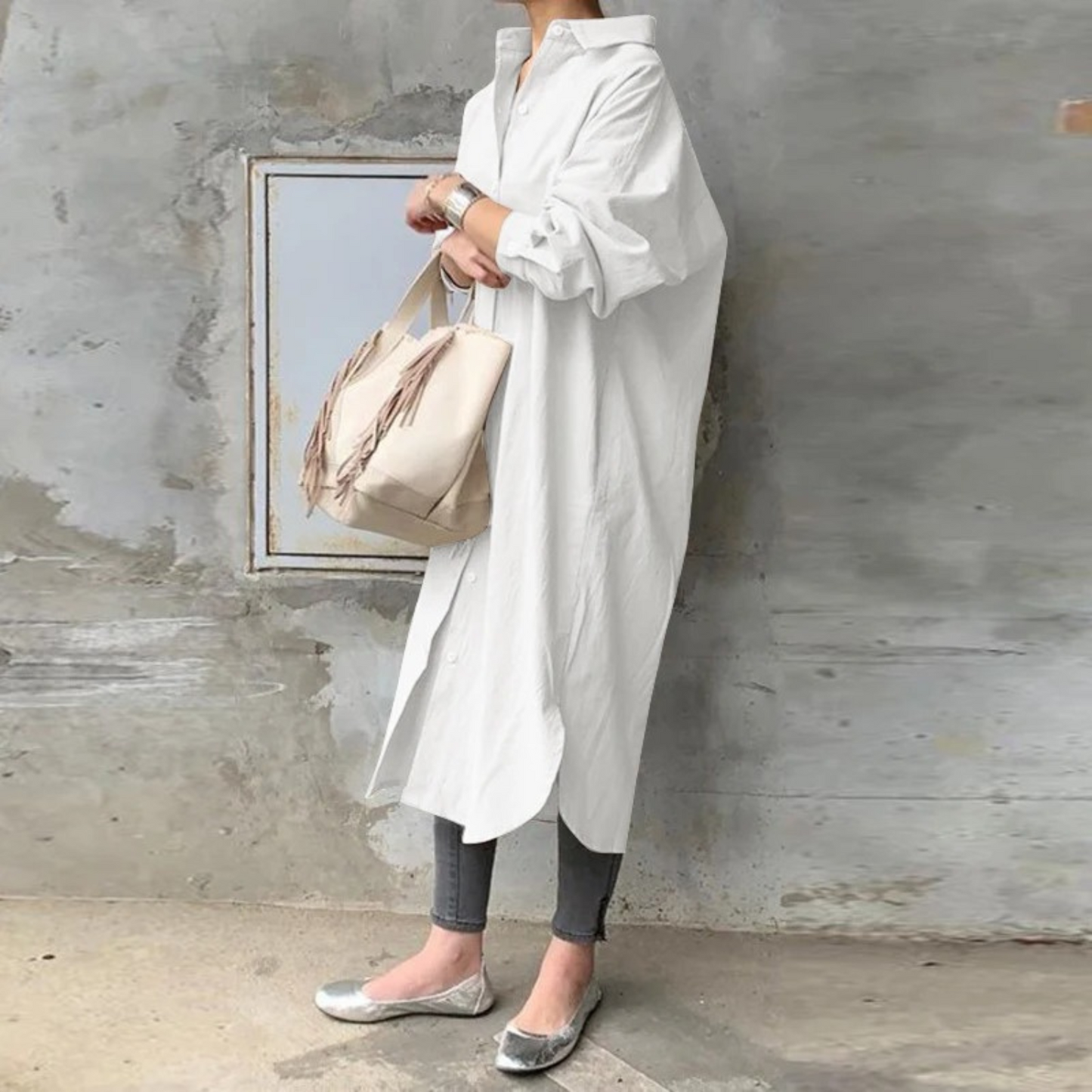 WW | Einfarbiges Langes Blusenkleid Mit Kragen