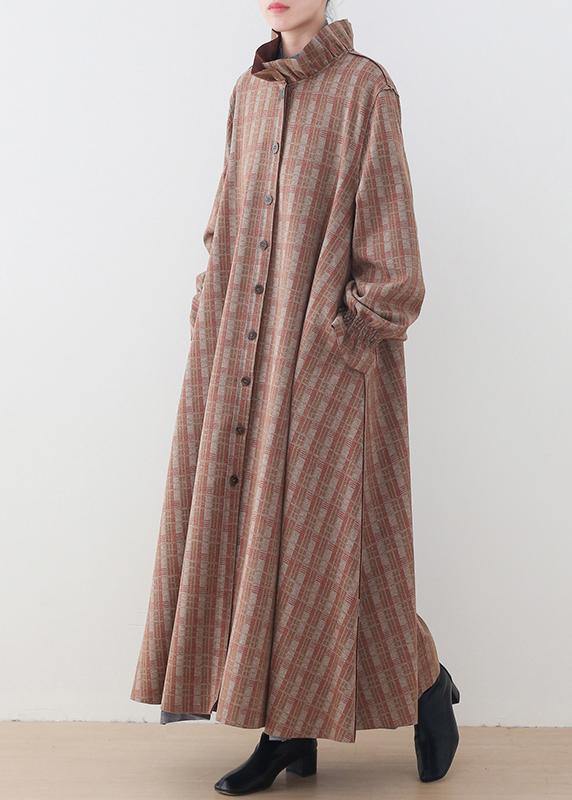 WW | casual mid-length jackets jacket pink plaid stand-up collar button down wool coat