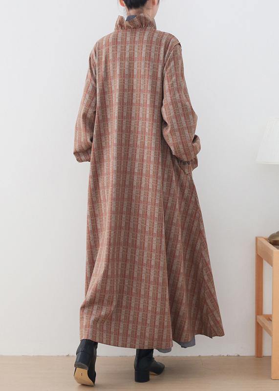 WW | casual mid-length jackets jacket pink plaid stand-up collar button down wool coat