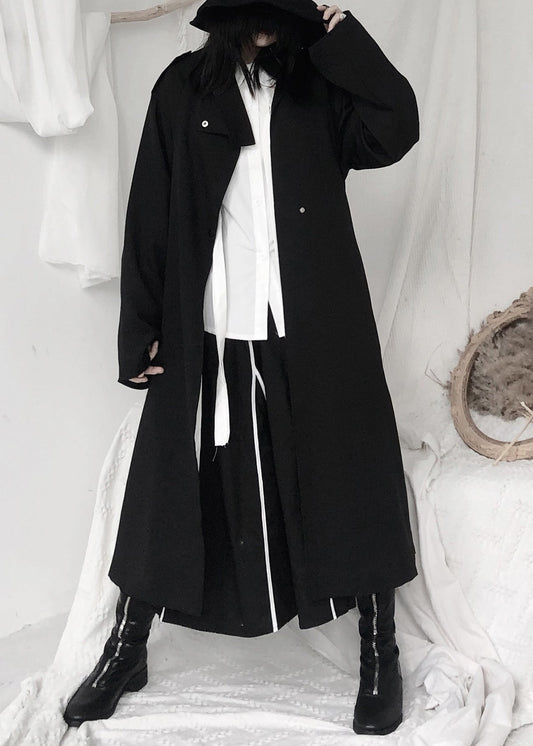 WW | Schwarze Stehkragen Taillenbindung Knopf Trenchcoats Langarm