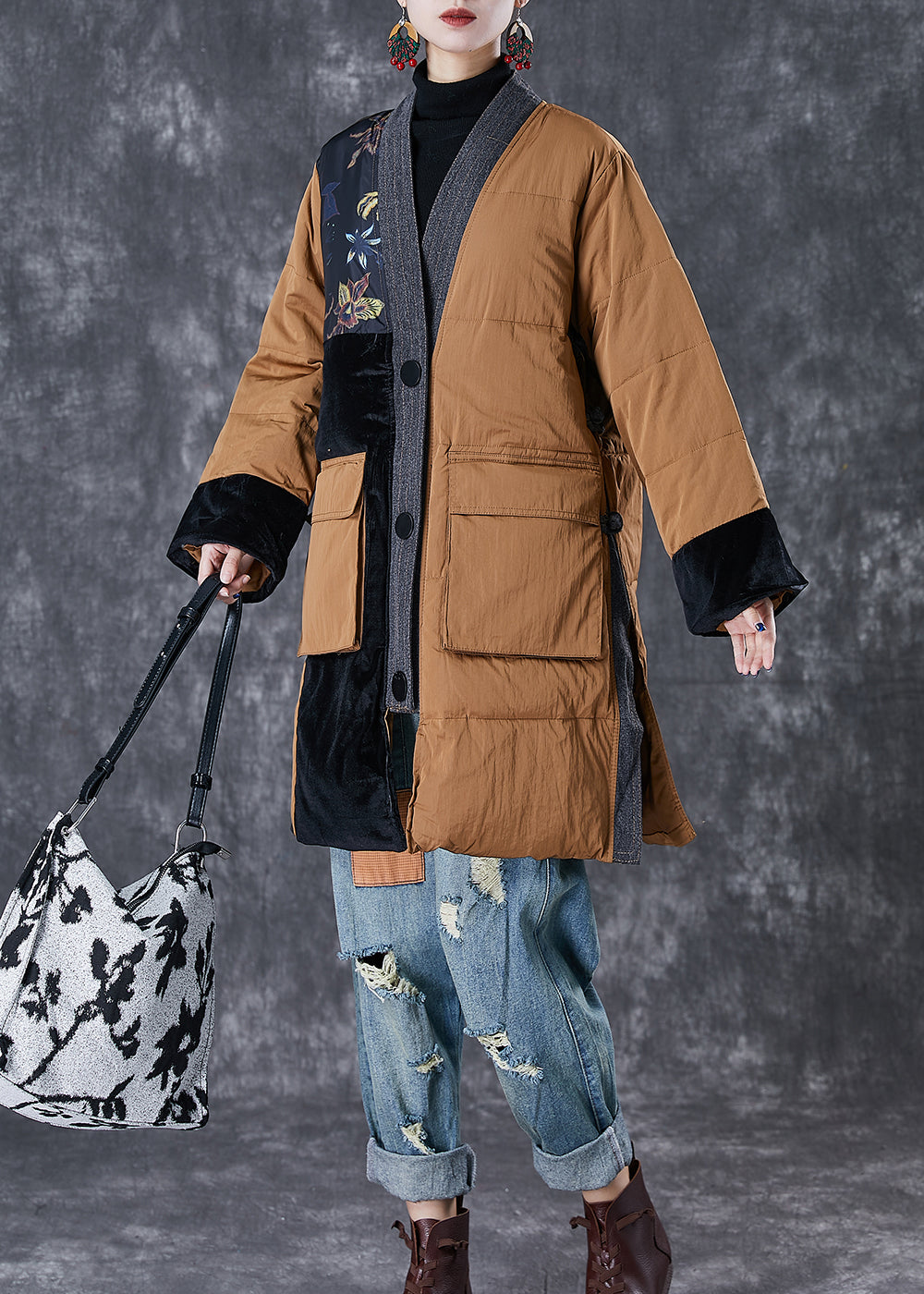 WW | Coffee V-Neck Patchwork Pockets Fine Cotton-Filled Jackets Winter