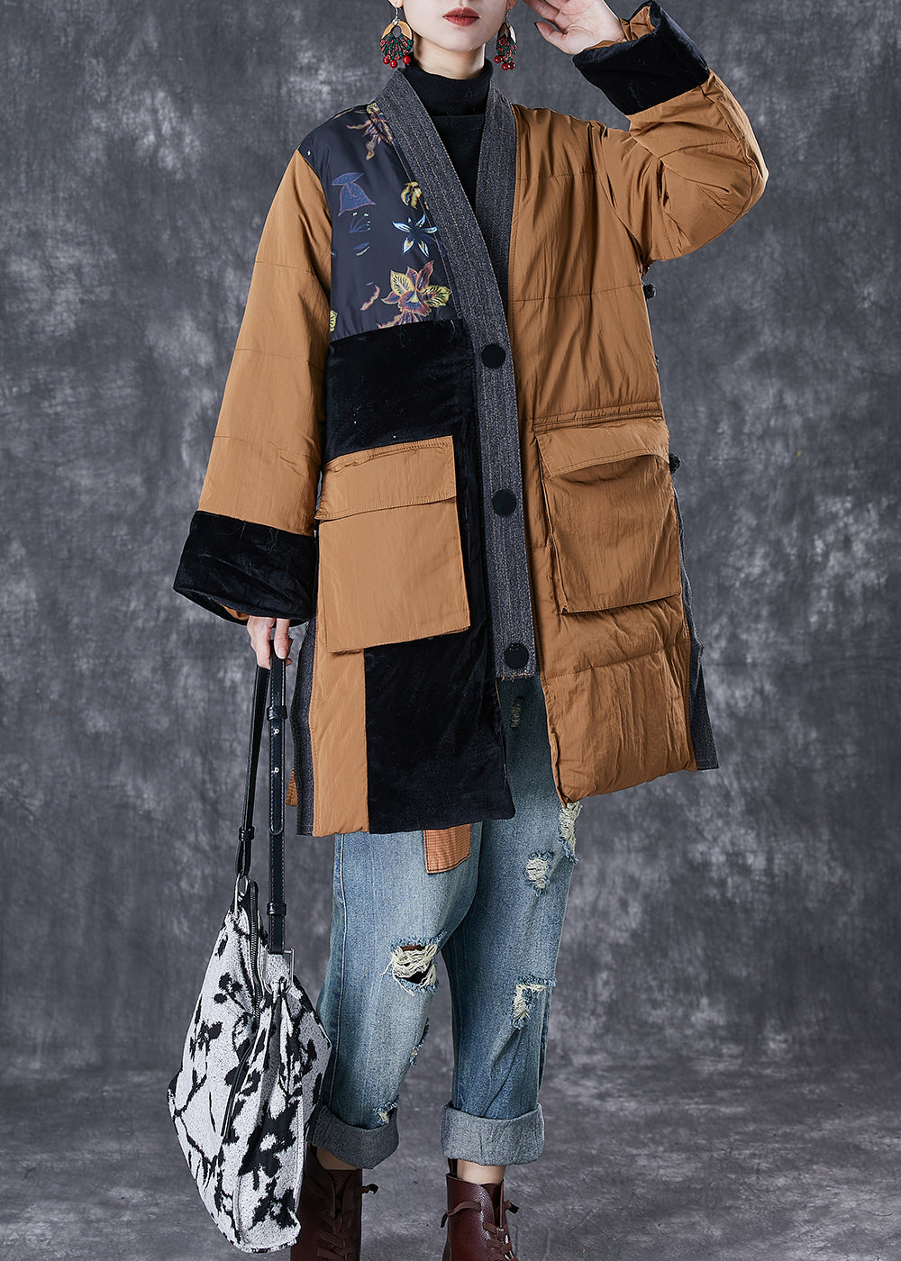 WW | Coffee V-Neck Patchwork Pockets Fine Cotton-Filled Jackets Winter