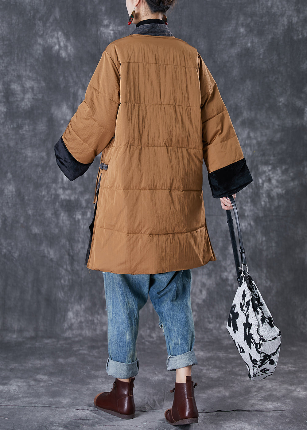 WW | Coffee V-Neck Patchwork Pockets Fine Cotton-Filled Jackets Winter