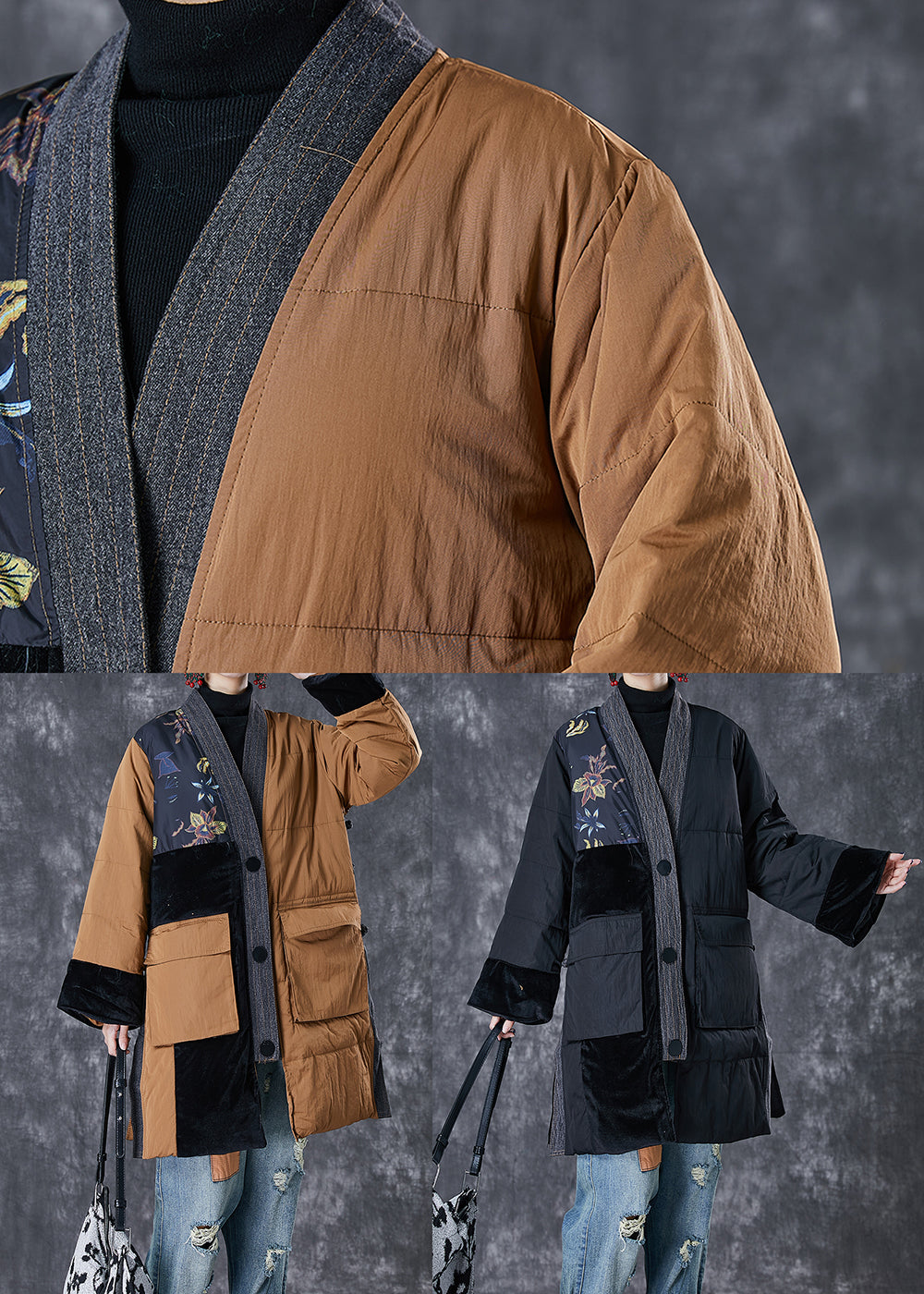 WW | Coffee V-Neck Patchwork Pockets Fine Cotton-Filled Jackets Winter