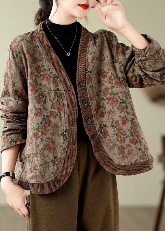 WW | Khaki V-neck Print Fine Cotton-Padded Coats Winter