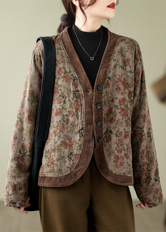 WW | Khaki V-neck Print Fine Cotton-Padded Coats Winter