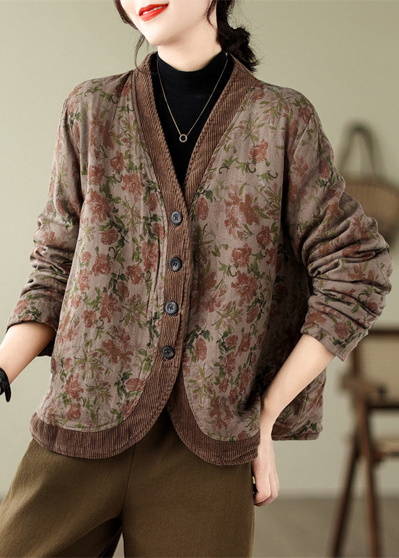 WW | Khaki V-neck Print Fine Cotton-Padded Coats Winter