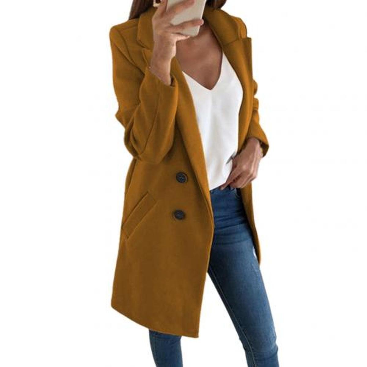 WW | Eleganter Langer Blazer Mantel mit Umgeschlagenem Kragen und Übergroßen Knöpfen