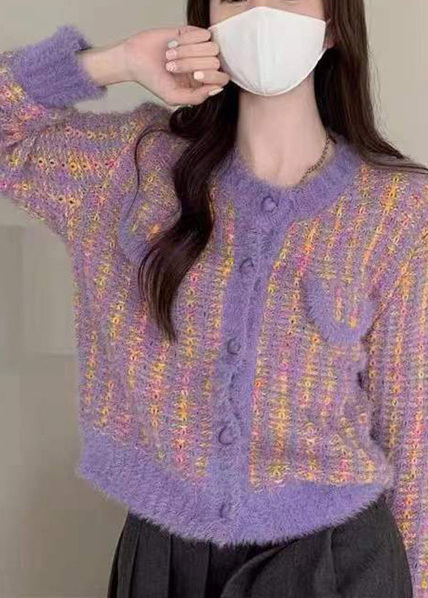 WW | Purple O-Neck Button Mink Hair Knitted Cardigans