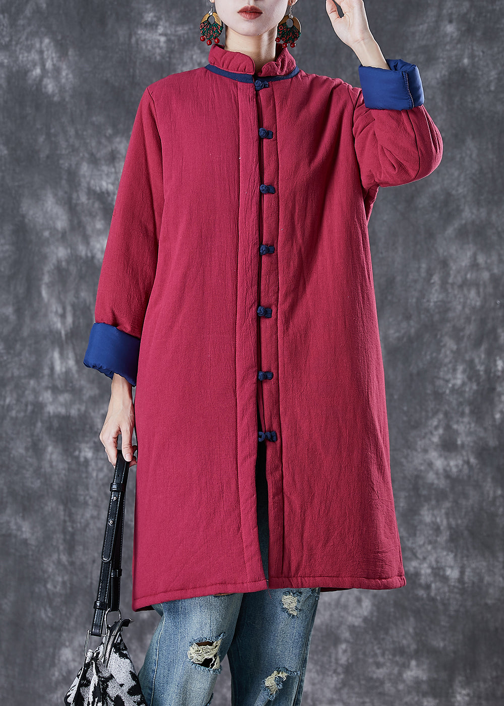WW | Red Chinese Button Thick Fine Cotton Filled Puffer Jackets Winter