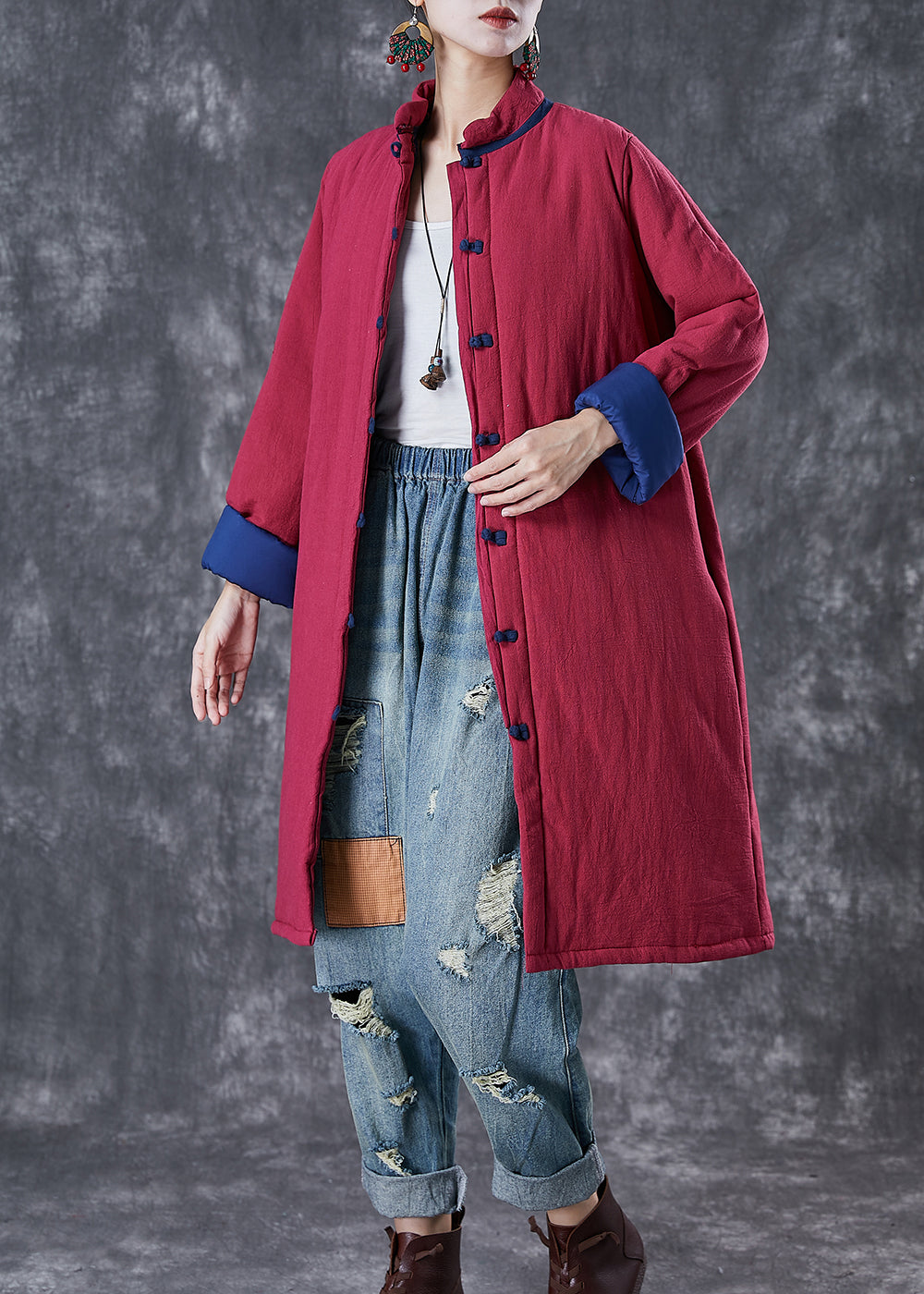 WW | Red Chinese Button Thick Fine Cotton Filled Puffer Jackets Winter