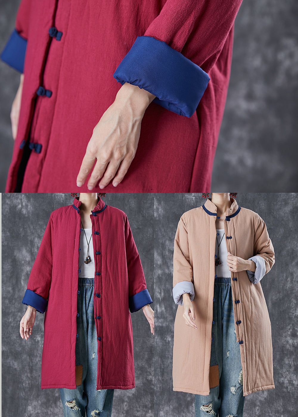 WW | Red Chinese Button Thick Fine Cotton Filled Puffer Jackets Winter