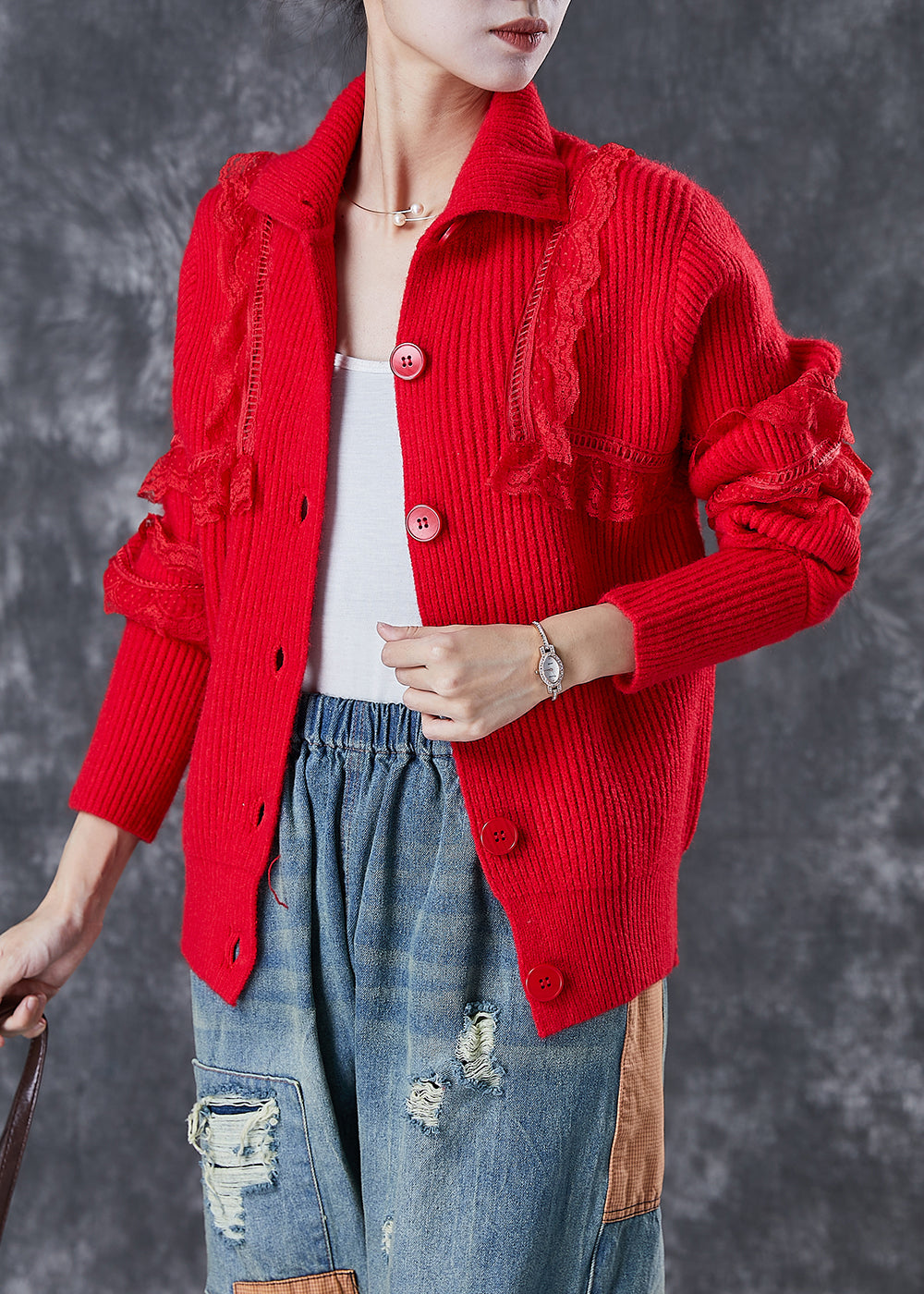 WW | Red Peter Pan Collar Lace Patchwork Knit Coats Winter