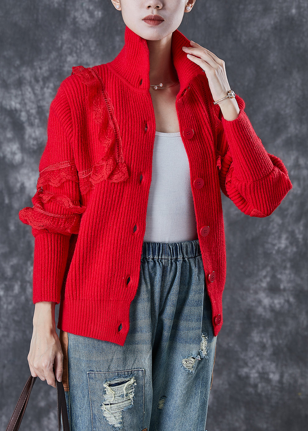 WW | Red Peter Pan Collar Lace Patchwork Knit Coats Winter