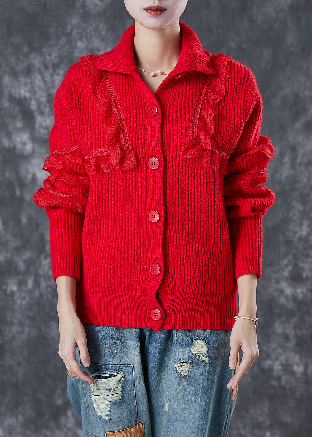 WW | Red Peter Pan Collar Lace Patchwork Knit Coats Winter
