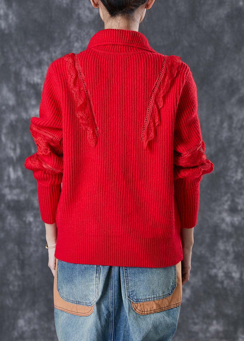 WW | Red Peter Pan Collar Lace Patchwork Knit Coats Winter
