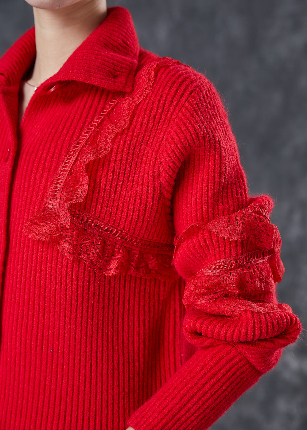 WW | Red Peter Pan Collar Lace Patchwork Knit Coats Winter