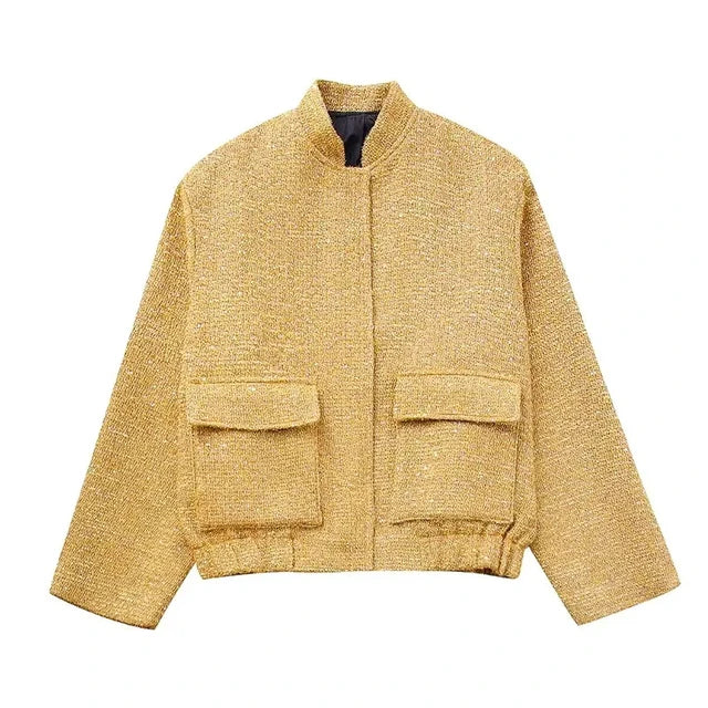 WW - Women's Loose Sequin Gold Bomber Jacket with Stand-Up Collar