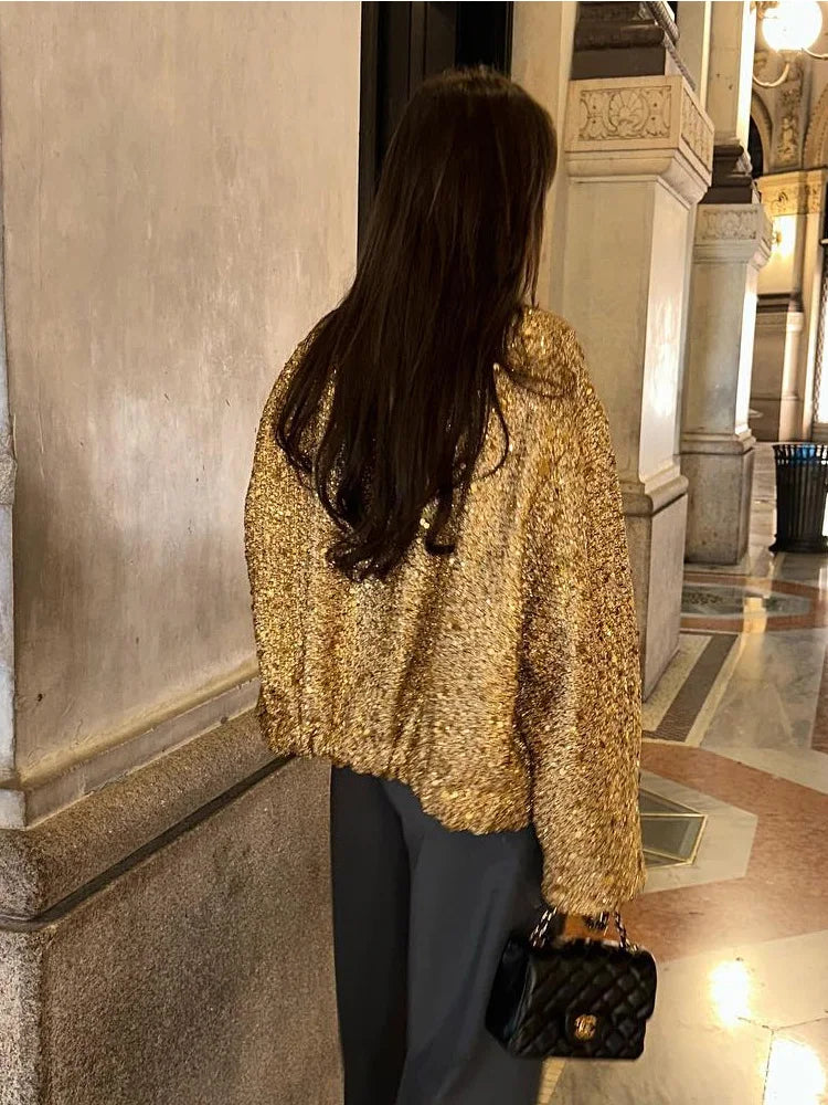 WW - Women's Loose Sequin Gold Bomber Jacket with Stand-Up Collar