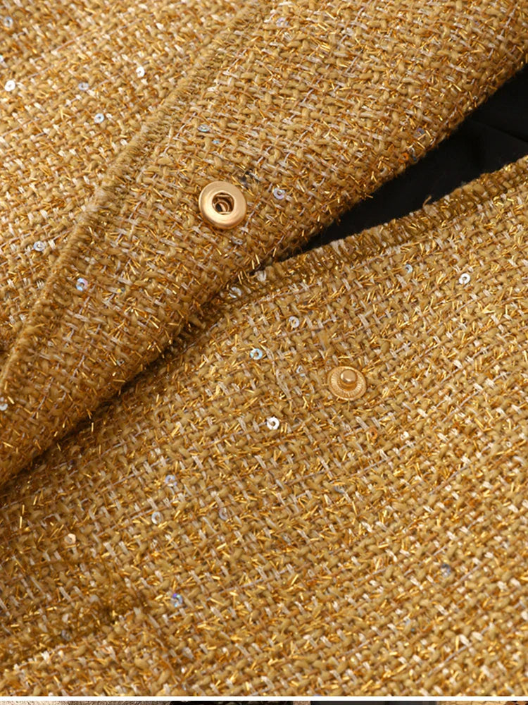 WW - Women's Loose Sequin Gold Bomber Jacket with Stand-Up Collar
