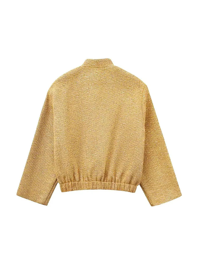 WW - Women's Loose Sequin Gold Bomber Jacket with Stand-Up Collar