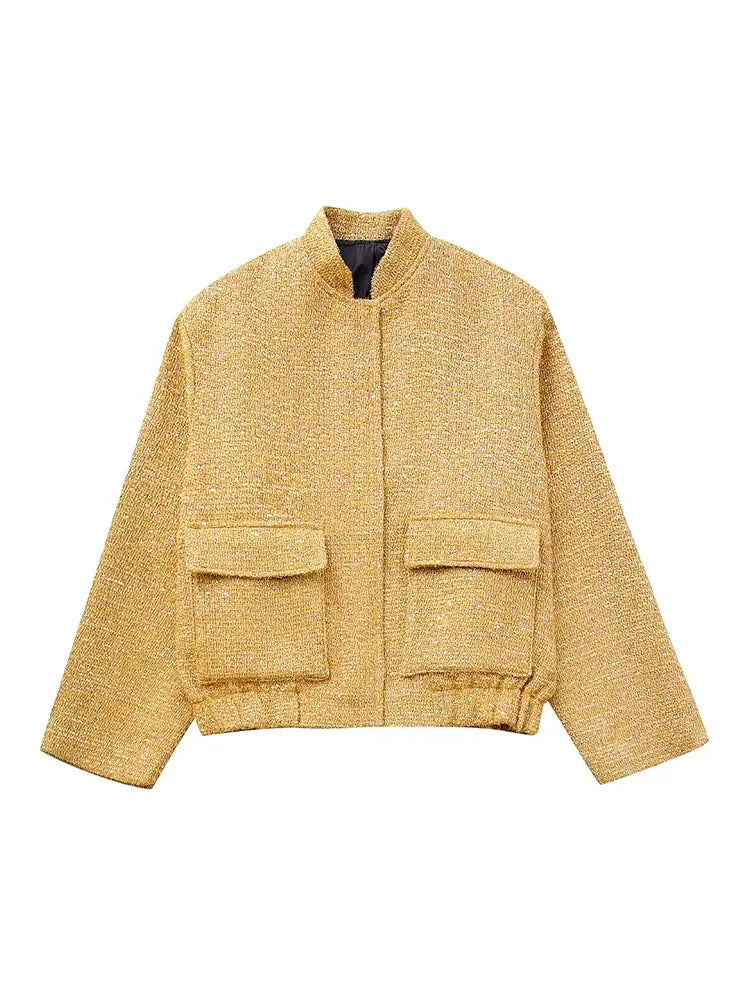 WW - Women's Loose Sequin Gold Bomber Jacket with Stand-Up Collar