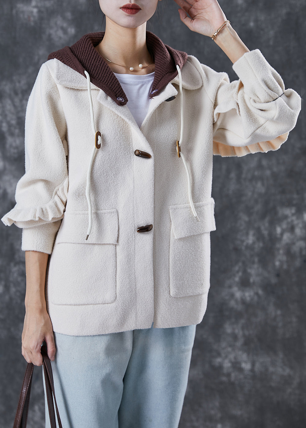WW | White Hooded Patchwork Ruffled Wool Coats