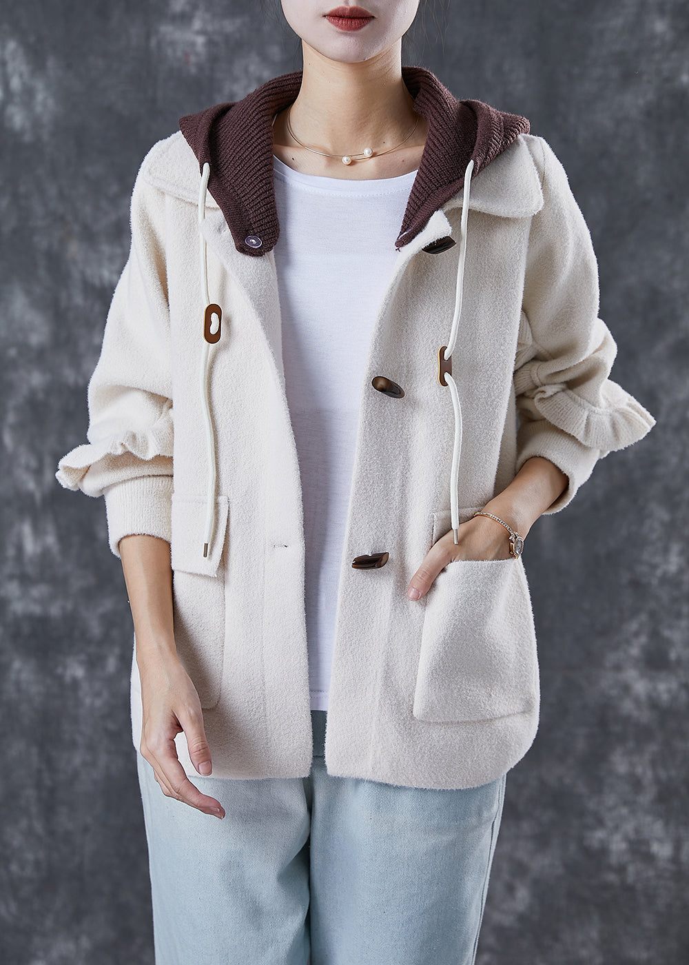 WW | White Hooded Patchwork Ruffled Wool Coats