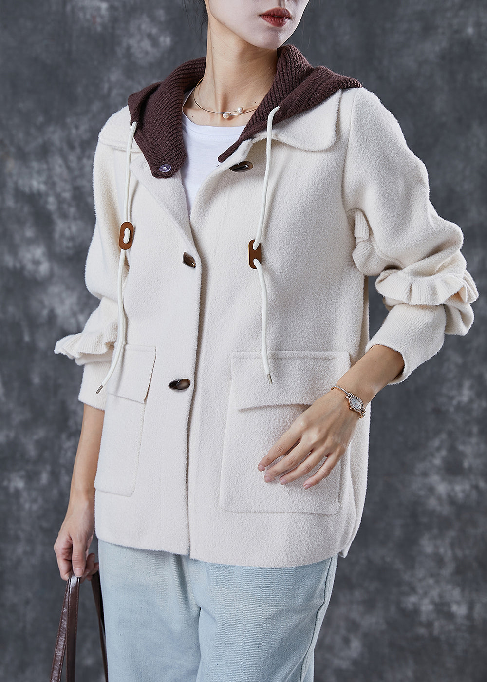 WW | White Hooded Patchwork Ruffled Wool Coats