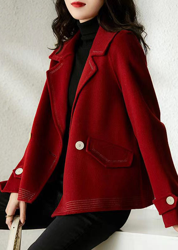 WW | Wine Red Peter Pan Collar Button Patchwork Wool Coats