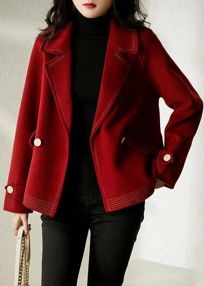 WW | Wine Red Peter Pan Collar Button Patchwork Wool Coats