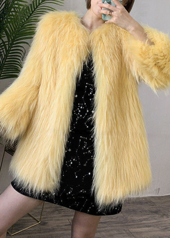 WW | Yellow Crew Neck Warm Mink Hair Coats Winter