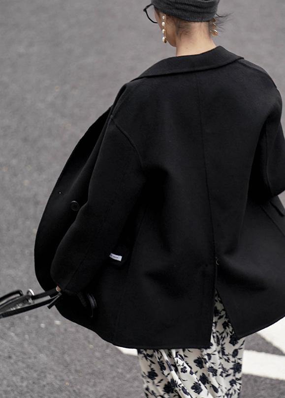WW | Black Wool Coat Women's Trendy Plus Size Coats Open-Sided Coat with Slim Collar