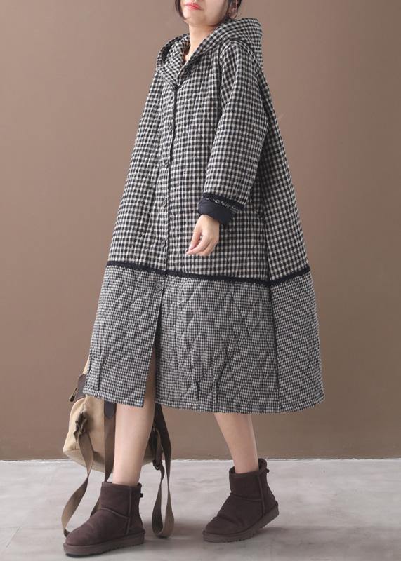 WW | schwarze weiße karierte wintermäntel plus size kleidung hoodie patchwork winter outdoorbekleidung