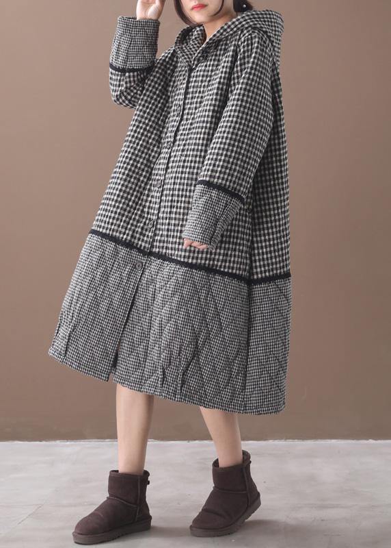 WW | schwarze weiße karierte wintermäntel plus size kleidung hoodie patchwork winter outdoorbekleidung