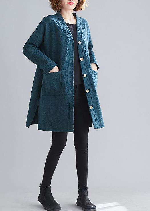 WW | Black-Green Fine Casual Coats Women's Work Outfits V-Neck Button Coats