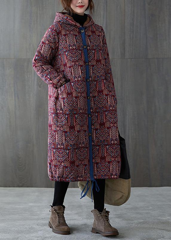 WW | Burgundy Print Oversized Overjacket Warm Hooded Jacket with Drawstring Winter Coats