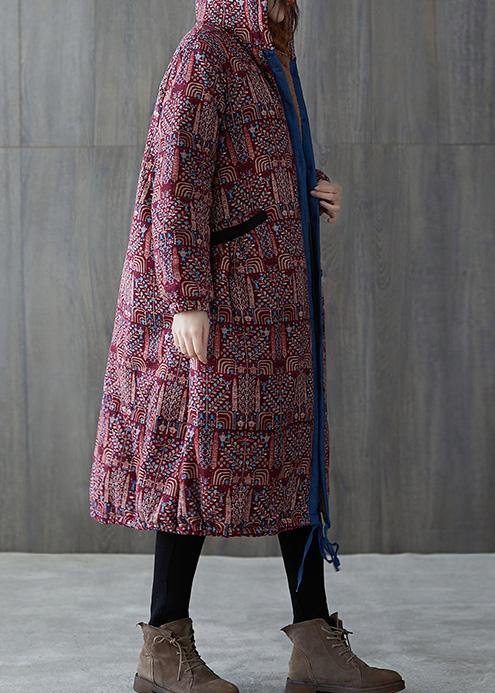 WW | Burgundy Print Oversized Overjacket Warm Hooded Jacket with Drawstring Winter Coats