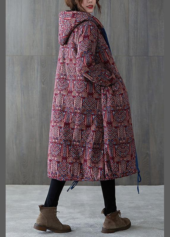 WW | Burgundy Print Oversized Overjacket Warm Hooded Jacket with Drawstring Winter Coats