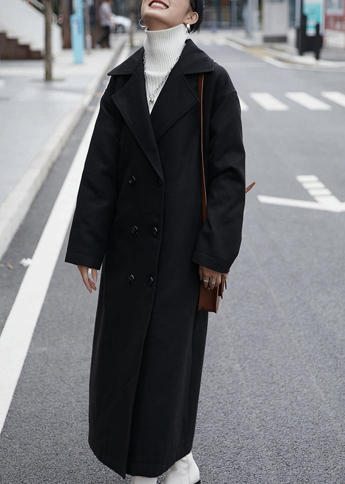 WW | Oversized Coats & Outerwear Black Plotted Double-Breasted Wool Coat