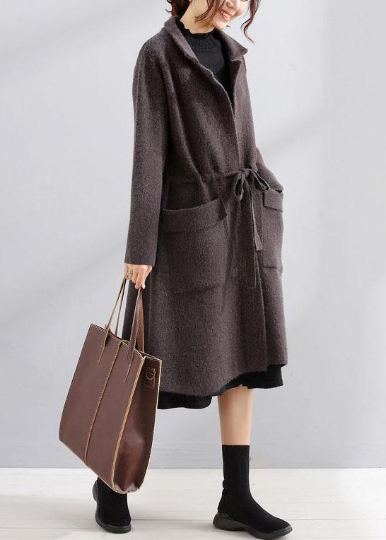 WW | Plus Size Maxi Coat Dark Grey Square Collar Tie Belt Jackets