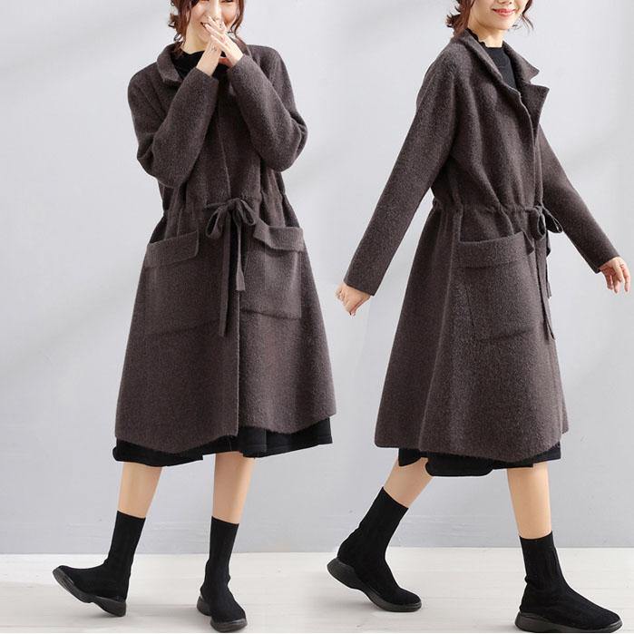 WW | Plus Size Maxi Coat Dark Grey Square Collar Tie Belt Jackets