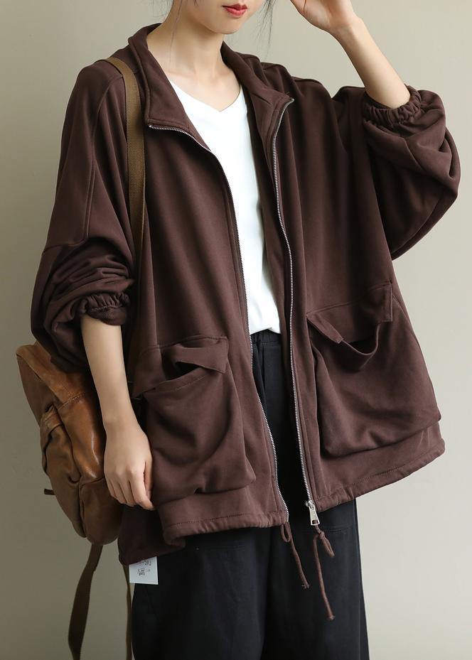 WW | Stand-Up Collar Zipper Fine Trench Coat Chocolate Tunic Coats