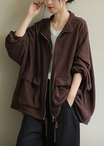 WW | Stand-Up Collar Zipper Fine Trench Coat Chocolate Tunic Coats