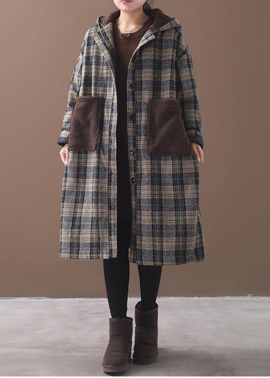 WW | Yellow Plaid Plus Size Long Coats Wardrobe Patchwork Pockets Hooded Coat