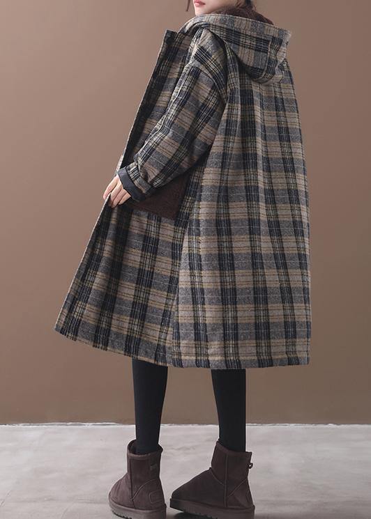 WW | Yellow Plaid Plus Size Long Coats Wardrobe Patchwork Pockets Hooded Coat