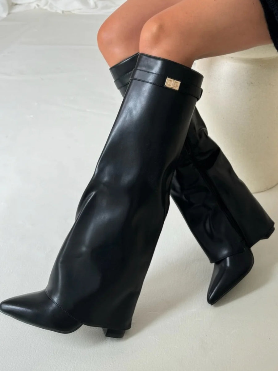 WW | Elegant Women's Black Suede Knee-High Boots with Gold Accents – Stylish and Comfortable Footwear